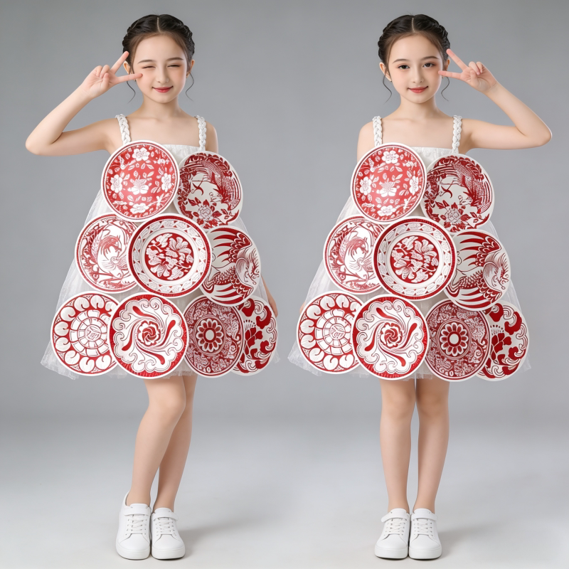 女童环保服装儿童时装秀青花瓷手工diy母女环保衣服幼儿园走秀服
