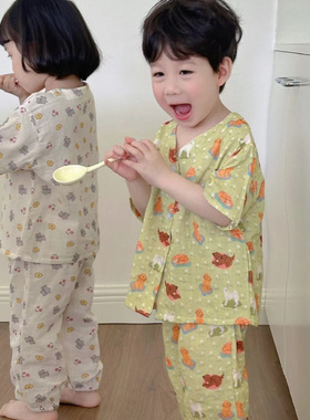 2025纱布长裤儿童韩版纯棉防蚊裤夏男童家居服中女童小童A类短袖