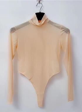 2026半高领连体衣长袖T恤女ins超火修身透视东南亚欧美风