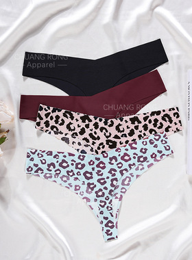 「TR」裸感蜜桃  欧美性感冰丝低腰豹纹无痕丁字裤薄款内裤女夏