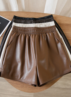2024松紧腿绵羊秋冬短裤皮裤PU皮简约裤靴皮阔高腰裤新款女宽松