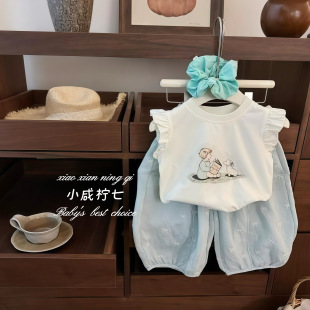 女宝宝韩系可爱蝴蝶结灯笼裤 型休闲裤 潮 薄荷绿宽松版 女童2025夏款