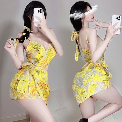 黄色短裙性感御姐风连衣裙深V吊