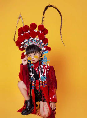 2024演出服风国潮模特走秀红色女童T台中国卧虎藏龙影楼机车儿童