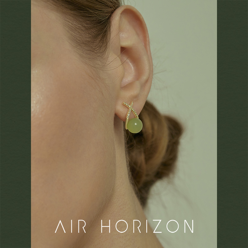 AIR-HORIZON微镶交叉仿绿玉石耳钉女款法式轻奢耳环气质大气耳饰