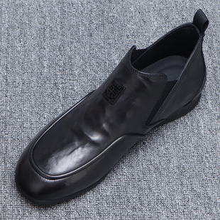 头层牛皮高帮鞋男款2025冬季男鞋潮流真皮软底一脚蹬商务休闲皮鞋