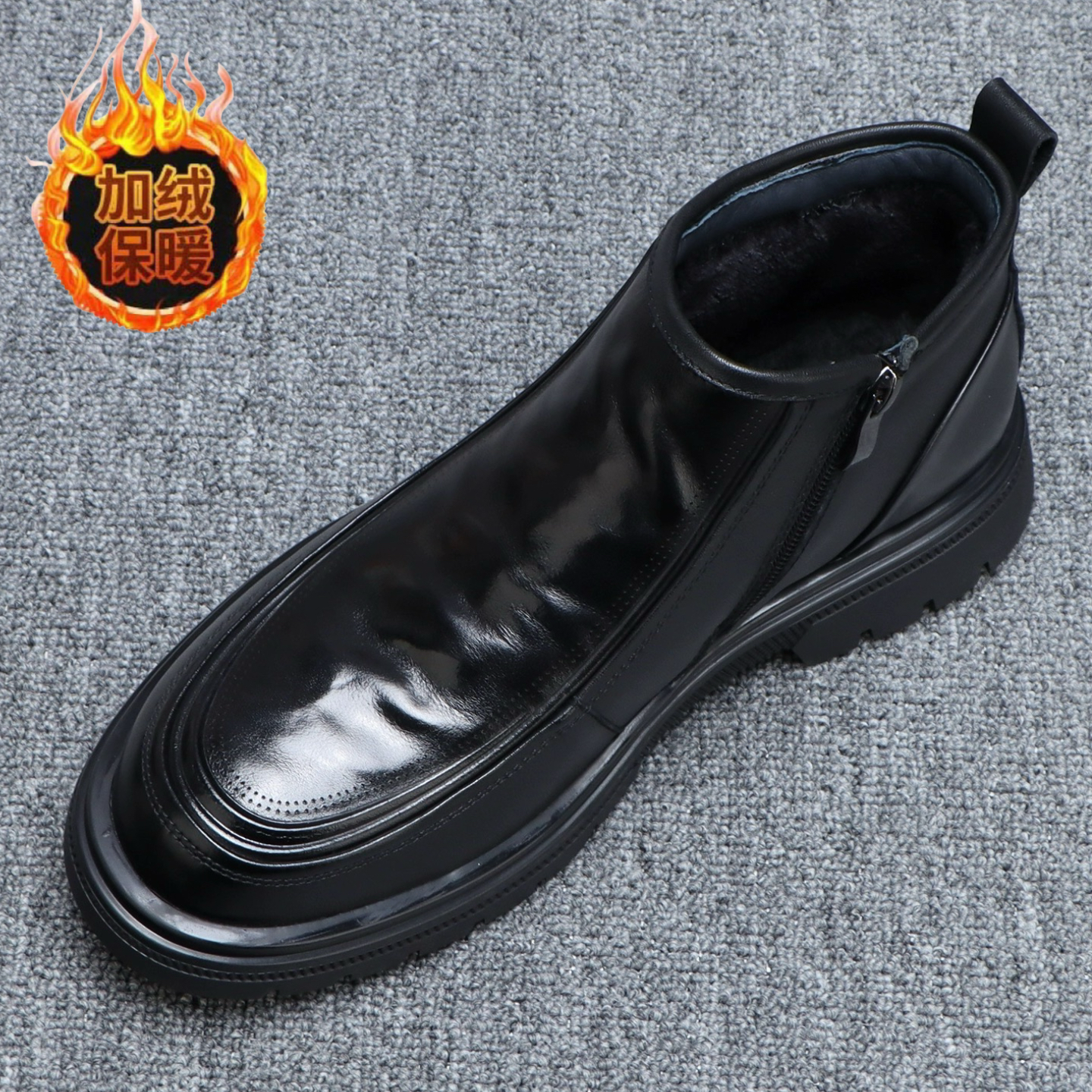 冬季加绒保暖切尔西男靴英伦百搭侧拉链男士高帮皮鞋真皮商务短靴