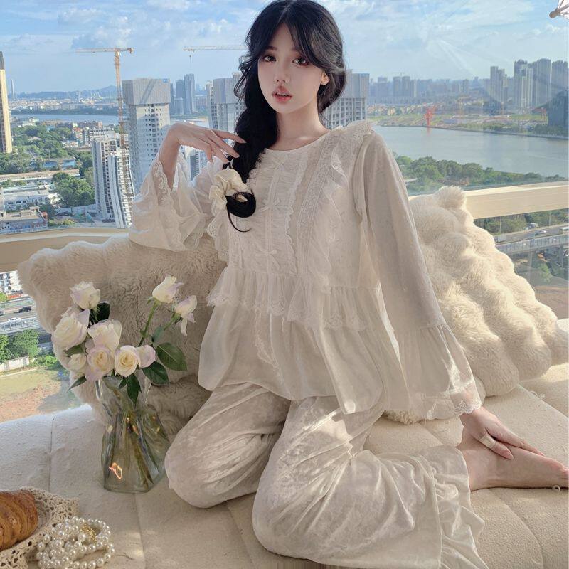 维多利亚金丝绒睡衣女秋冬长袖长裤宫廷风家居服套装可外穿高级感