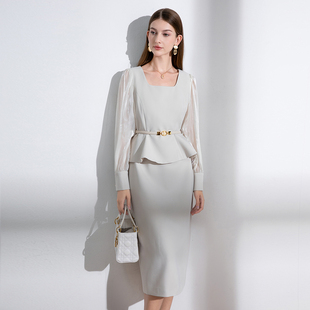 高级感方领连衣裙高定正式场合显瘦荷叶边中长裙高端精致优雅气质