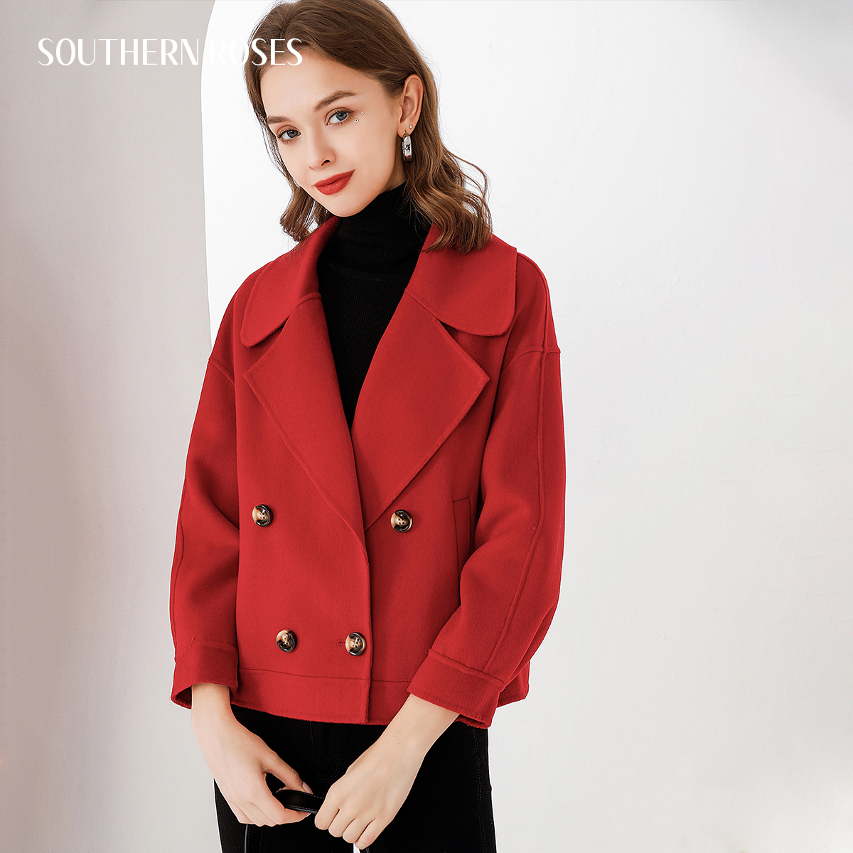 南有蔷薇高端双面羊毛女短款红色