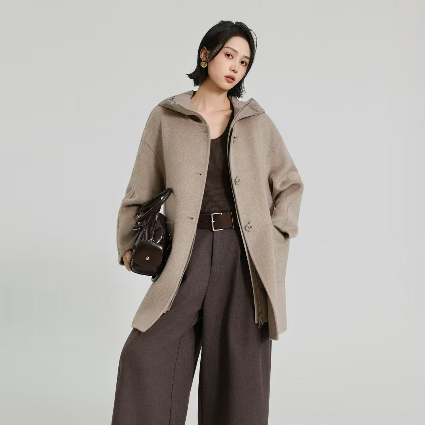 双面羊毛大衣两件套羽绒马甲女