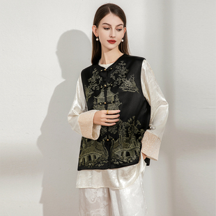 西湖塔图 新中式国风醋酸缎面刺绣马甲女复古唐装盘扣背心上衣