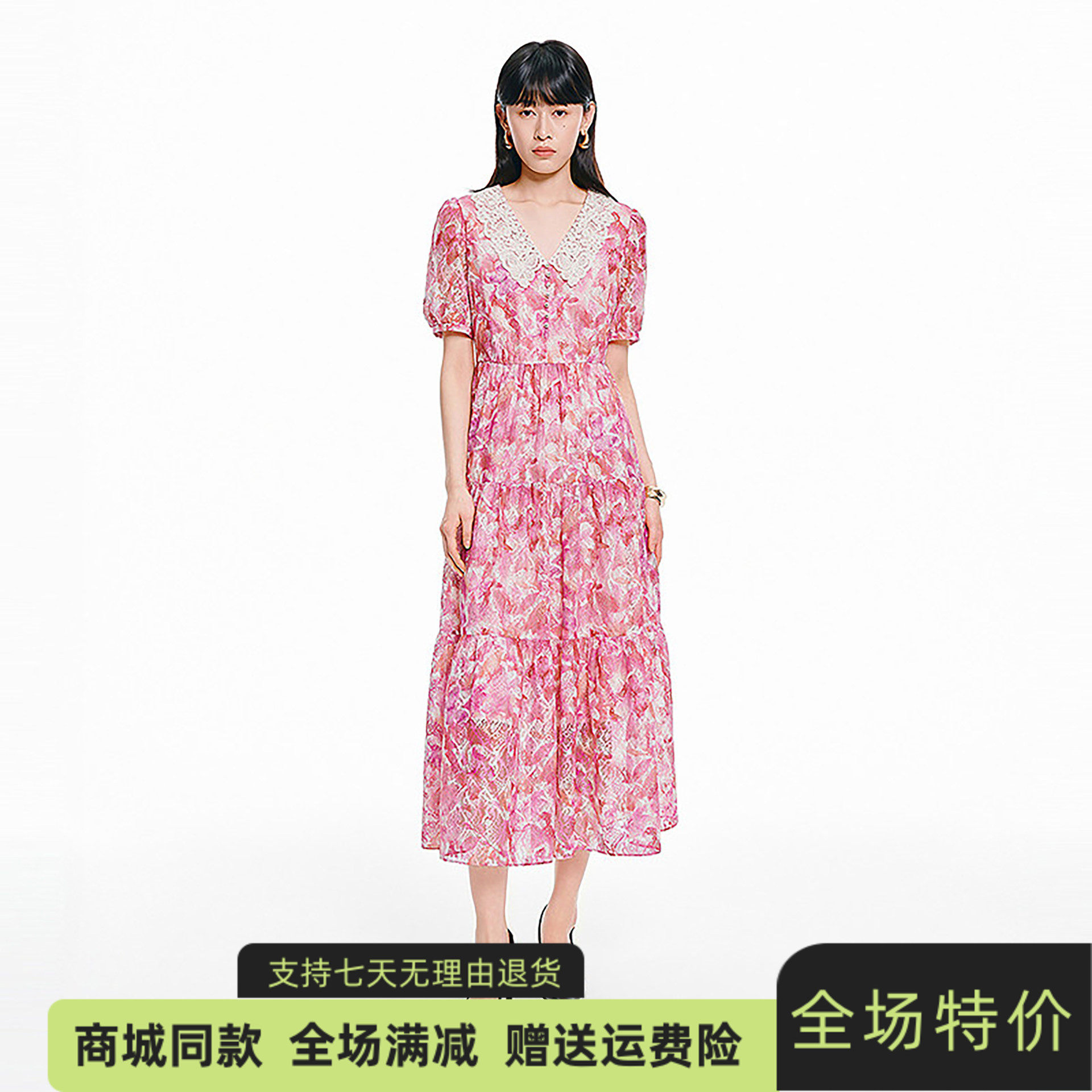 珂莱商场同款26夏新款气质千金风玫瑰印花蕾丝连衣裙女 KF13036T5