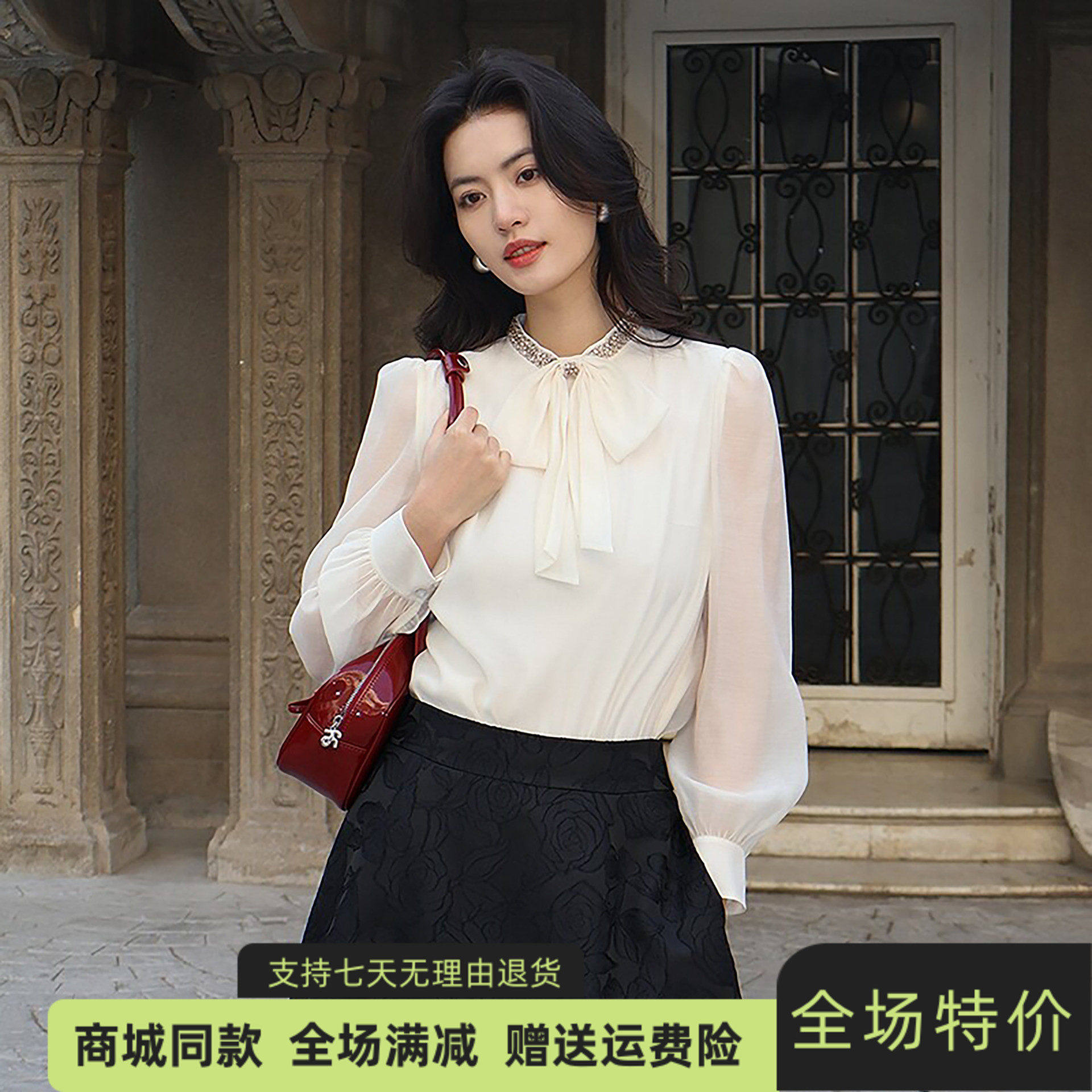 珂莱商城同款2026夏新款气质千金风蝴蝶结雪纺衫衬衣上衣女优雅风