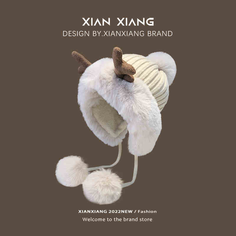 鹿角帽子可爱毛球雷锋帽加绒护耳