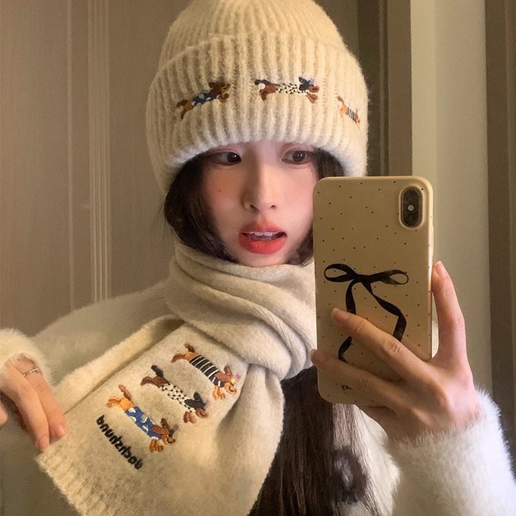 韩版可爱腊肠狗毛线帽女冬季潮流百搭帽子围巾两件套保暖针织围脖