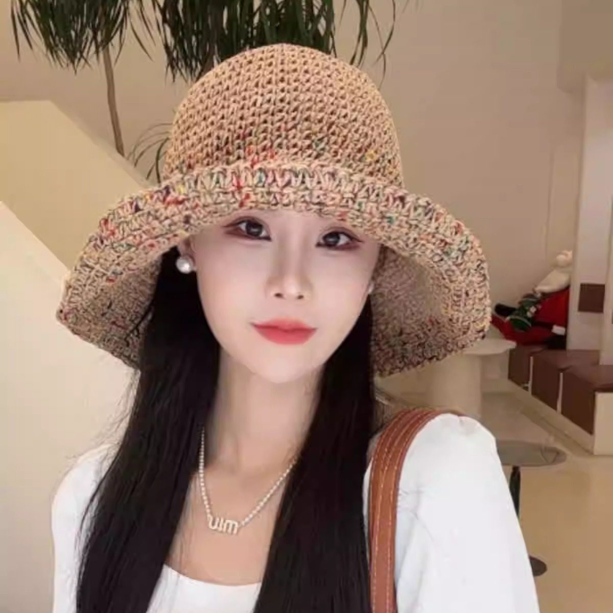 彩虹编织草帽渔夫帽出游沙滩帽