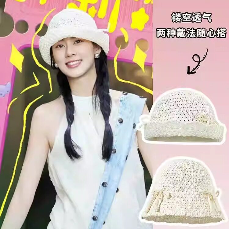 蝴蝶结棉线水桶帽女夏季薄款透气防晒渔夫帽大头围显脸小针织盆帽