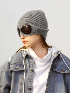 飞行员墨镜加绒针织帽秋冬防寒保暖毛线帽子男女百搭潮人眼镜冷帽