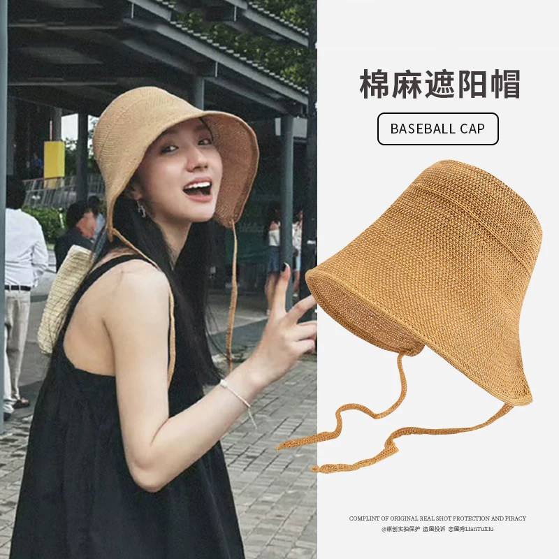 夏季海边系带草帽子遮阳帽女防晒防紫外线沙滩帽大帽檐凉帽渔夫帽