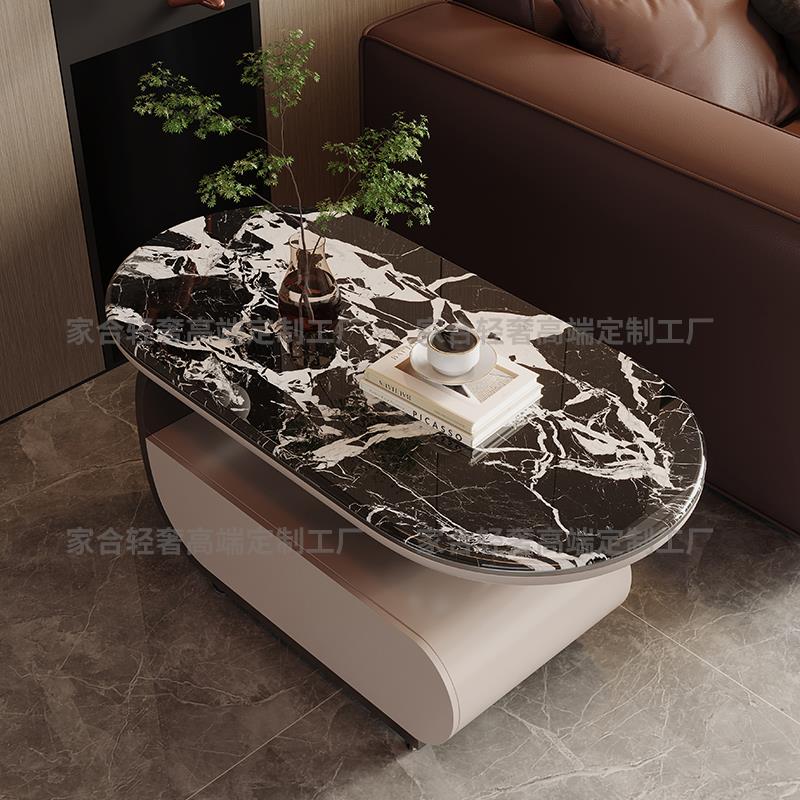 意式轻奢可移动小推车超晶石茶几现代极简储物边几客厅椭圆形桌