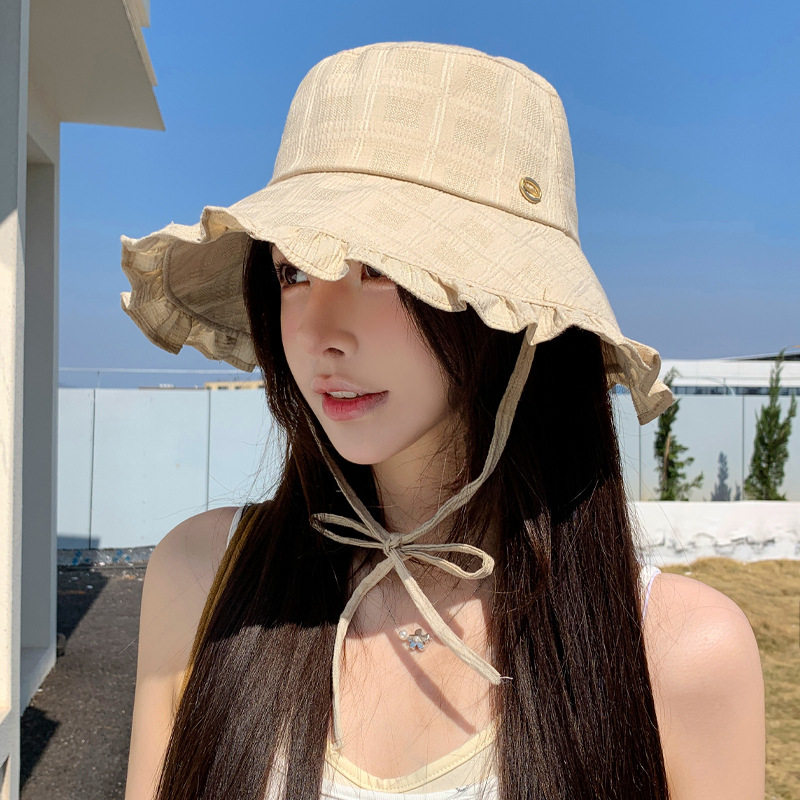 日系夏季新款大檐系带帽子女防晒