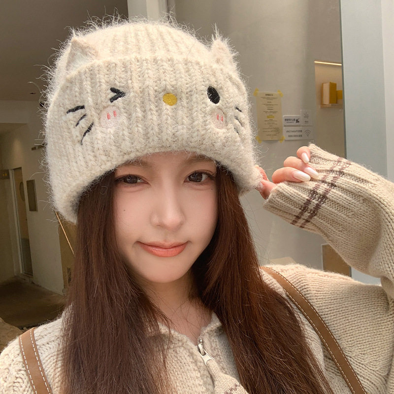 韩系简约针织帽少女风猫咪刺绣帽