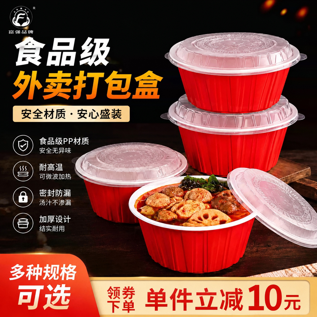 圆形麻辣烫打包盒一次性餐盒加厚红色塑料餐盒碗筷家用外卖食品级