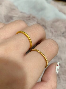 素圈戒指女古法越南沙金麻花叠戴实心真黄金不掉色闭口小众百搭
