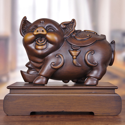 实木雕猪摆件吉祥物招财猪客厅酒柜办公室桌面装饰生肖福猪工艺品