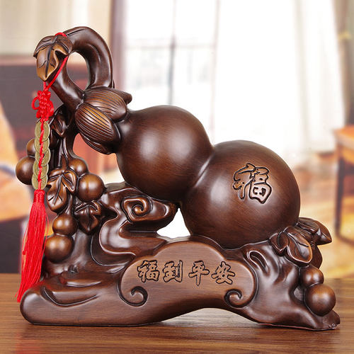 实木雕葫芦摆件客厅玄关福字装饰