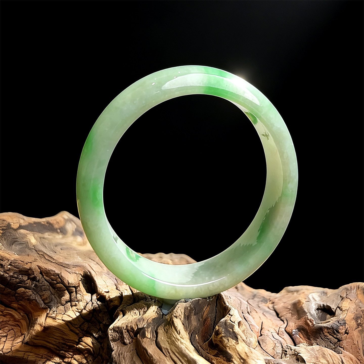 【年货节】七彩云南缅甸A货天然翡翠细糯种白底飘绿宽版翡翠手镯