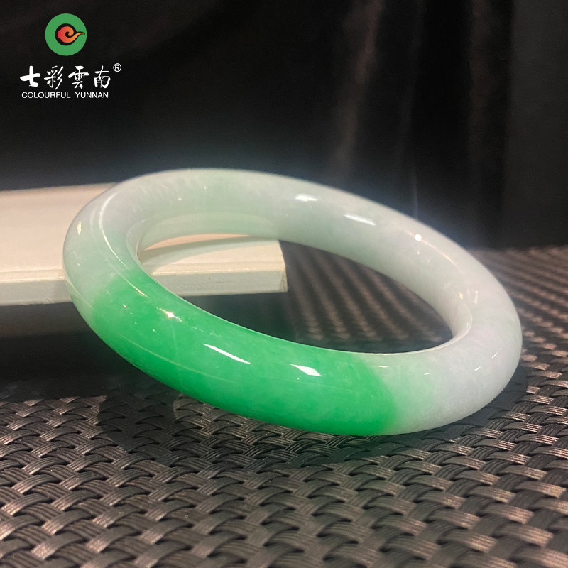七彩云南缅甸A货天然翡翠白底青圆条手镯一物一证支持复检