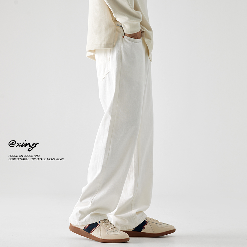 肌理竹节设计垂感白色牛仔裤男潮