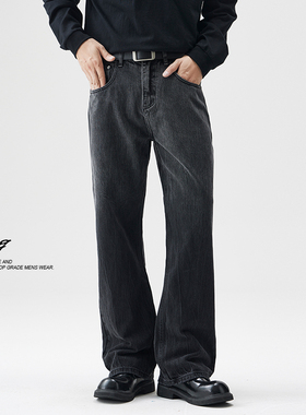 美式高街渐变水洗微喇叭黑色牛仔裤男春季新款休闲宽松直筒阔腿裤