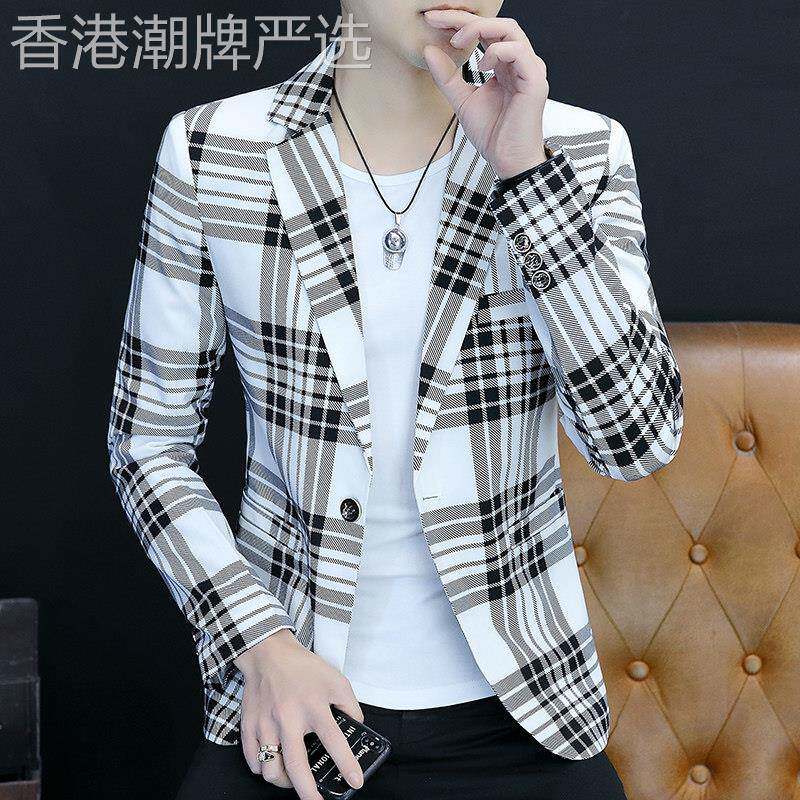 潮牌男士格子西装韩版修身小西服薄款上衣春秋季短款休闲西服外套