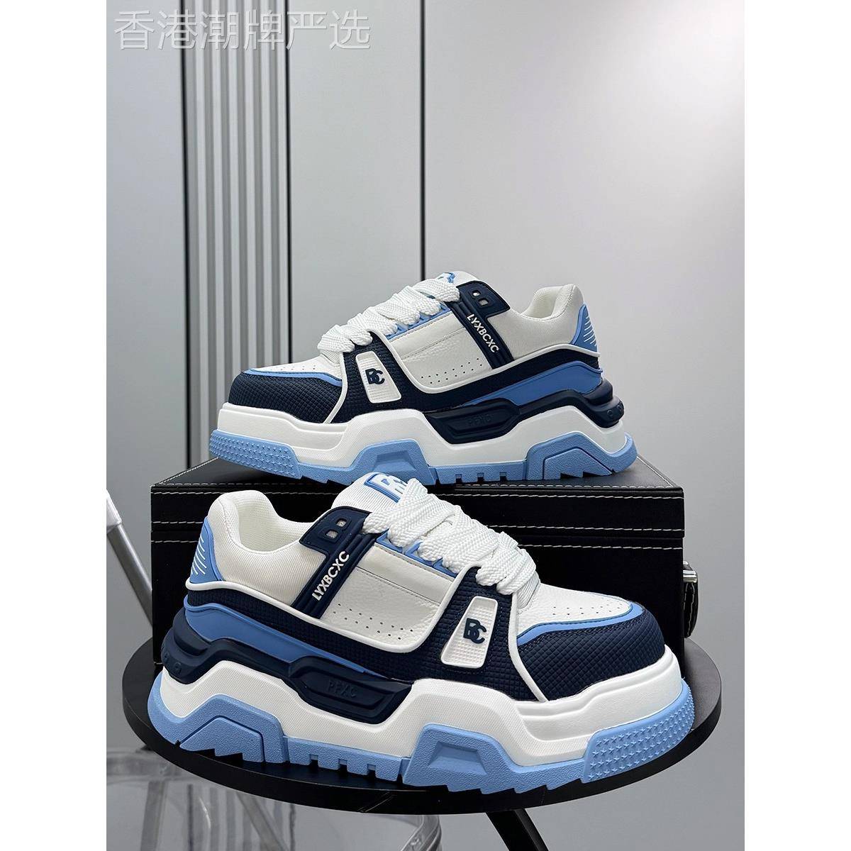 潮牌厚底内增高板鞋男2025秋季新款超火面包鞋小众耐磨拼色休闲鞋