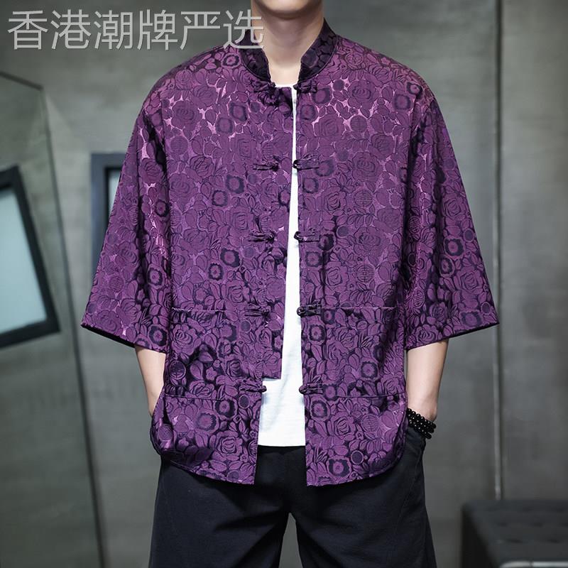 中国风复古衬衫男夏季新中式短袖长袖休闲盘扣花衬衣提花汉服男装