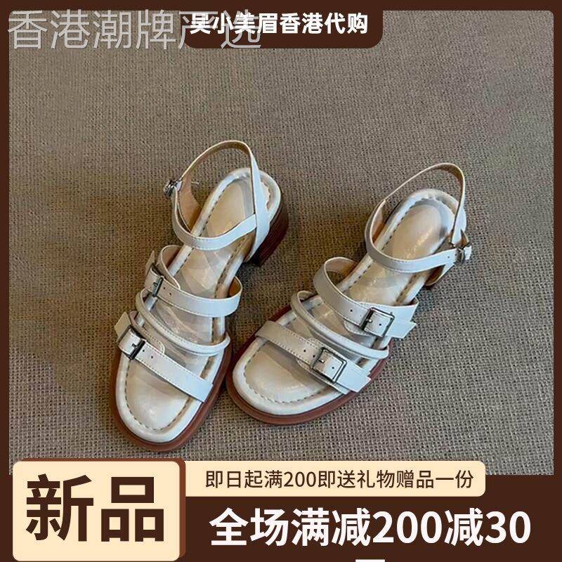 香港皮带扣圆头百搭凉鞋女2026夏季新款不累脚真皮外穿粗跟罗马鞋