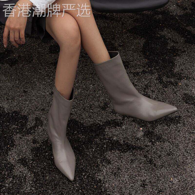 智性灰调~ 极简高级感宽筒中筒靴真皮尖头猫跟细跟骑士短靴女秋冬