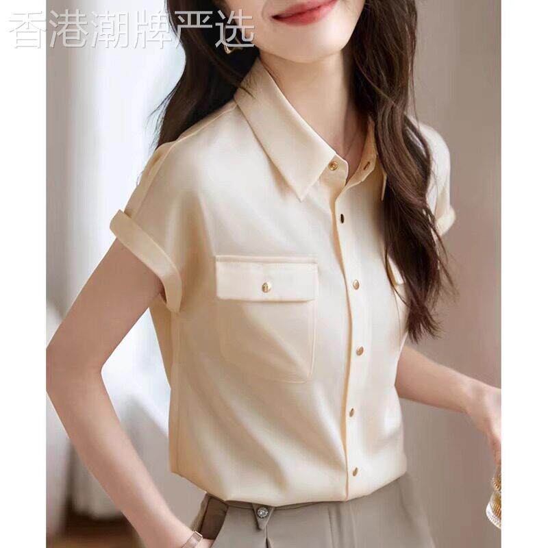 高端翻领雪纺衬衫女士夏季韩版气质显瘦上衣休闲时尚简约短袖衬衣