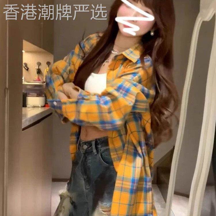 日系黄色格子长袖衬衫女上衣春秋夏季新款设计感宽松防晒衬衫外套
