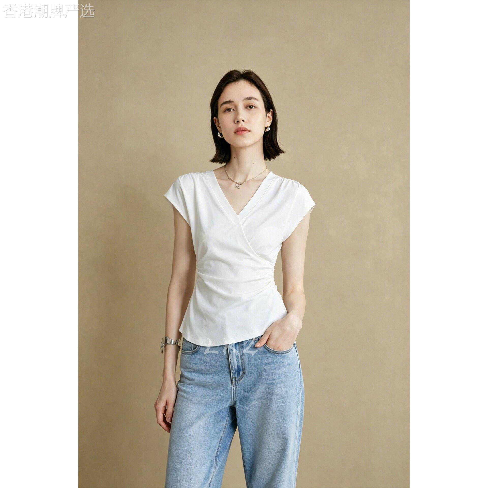 时尚简约风V领荷叶袖套头交叉白色T恤女夏季新款修身显瘦收腰上衣