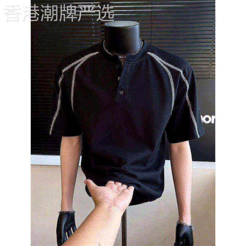 美式黑色短袖T恤男士夏季潮牌重磅亨利领正肩明线设计感半袖上衣