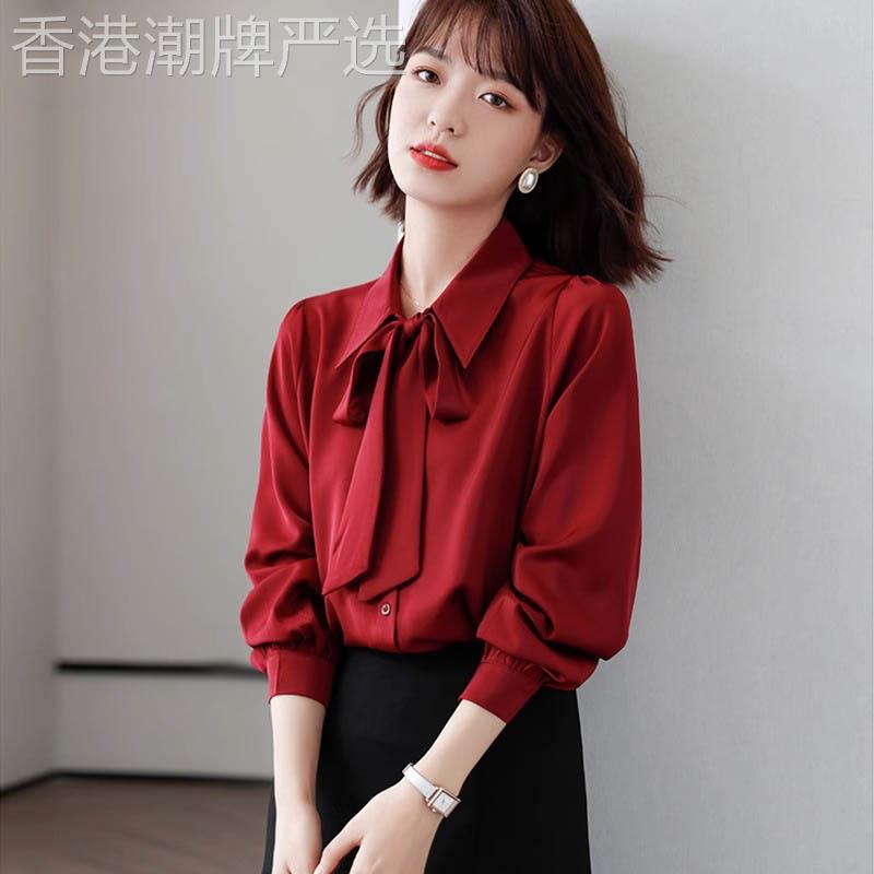 红色雪纺衬衫女春秋2026年新款气质长袖衬衫设计感蝴蝶结系带上衣
