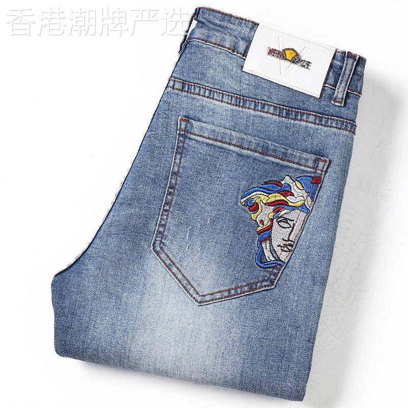 男士夏季刺绣牛仔裤百搭耐磨印花修身小脚休闲裤弹力浅蓝色九分裤