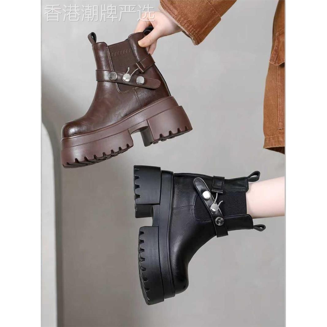 潮牌2025新款厚底粗跟增高12CM套筒短靴马丁靴小个子皮带扣女靴子