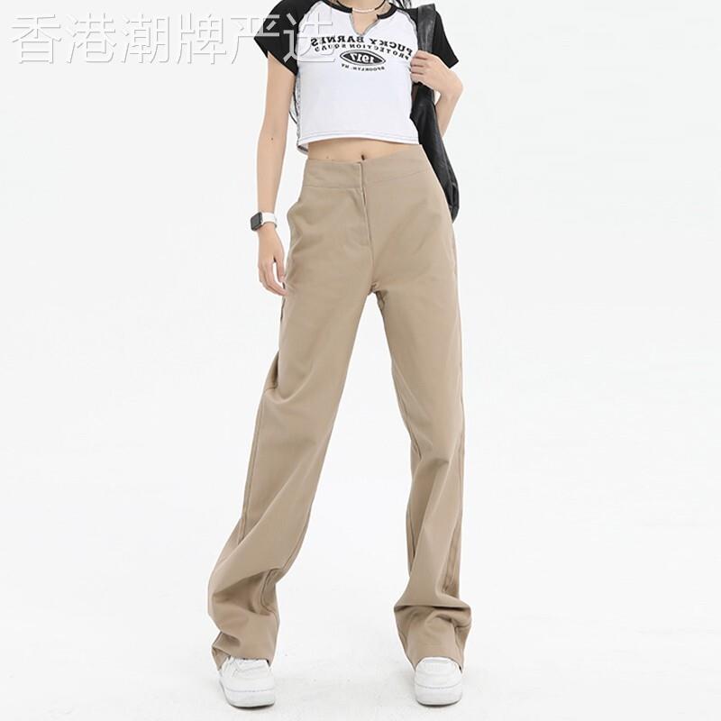 卡其色覆古工装裤女夏季薄款2025新款休闲 卷边窄版直筒阔腿牛仔