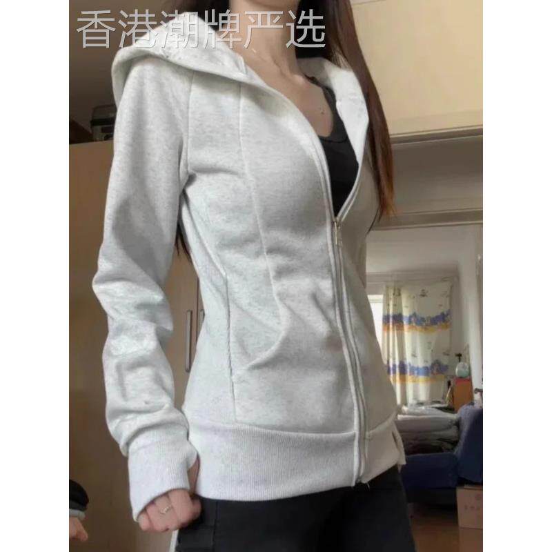灰色修身卫衣外套女款2025新款早秋韩系穿搭正肩显瘦收腰连帽上衣