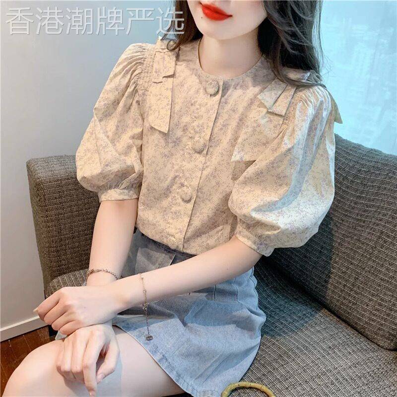 雪纺衬衫女夏短袖设计感小众法式洋气衬衣2026新款泡泡袖碎花上衣